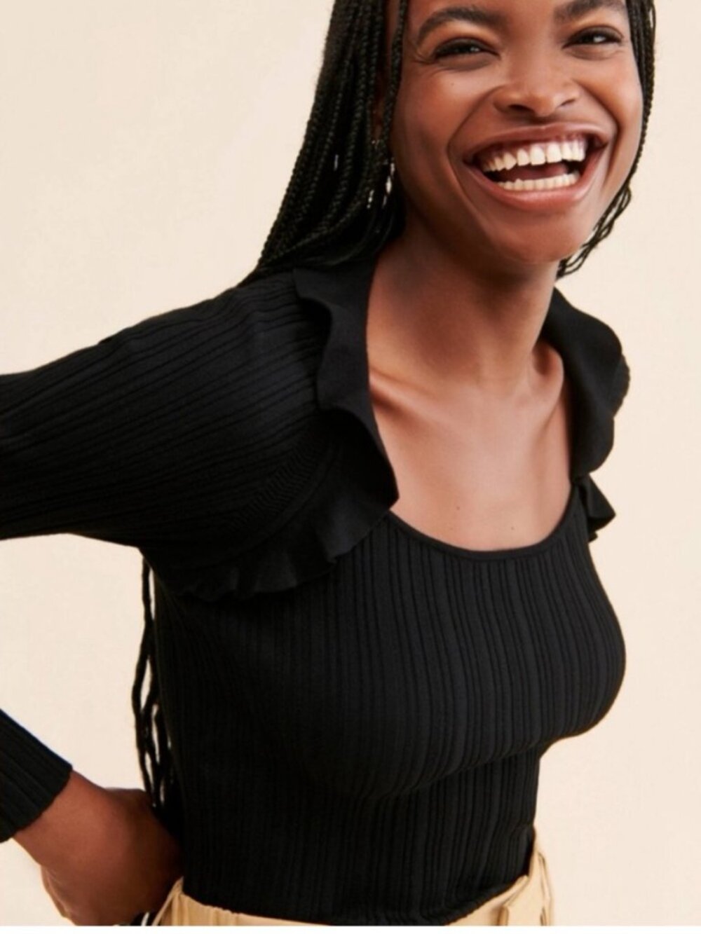 Maeve Anthropologie Millie Ruffled Ribbed Top XXS Black Long Sleeve